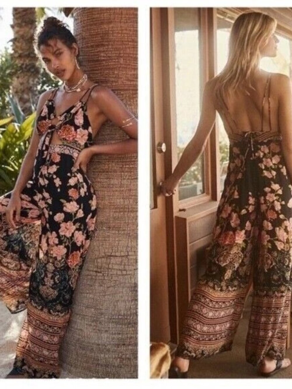 Free People Sundown Cutout Wide Leg Floral Printed Jumpsuit Size 8